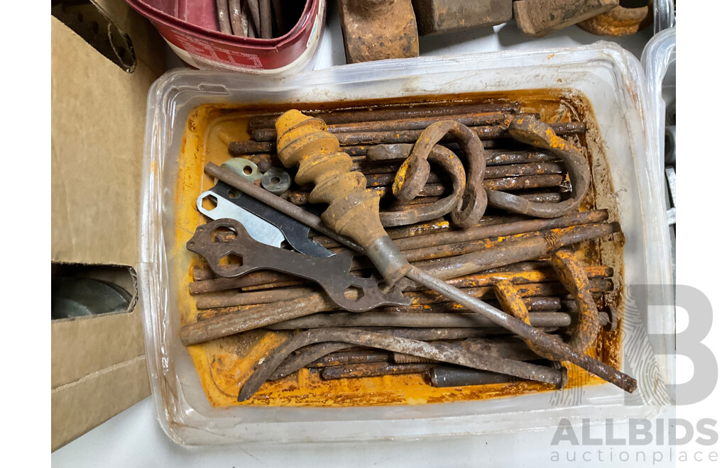 Bulk Lot of Vintage Tools and Fittings Including Swivel Hand Saw, Allan Keys, Drill Bits, Shackles, Stanley Chalk-O-Matic Pulleys, Sprockets, Rivets and More