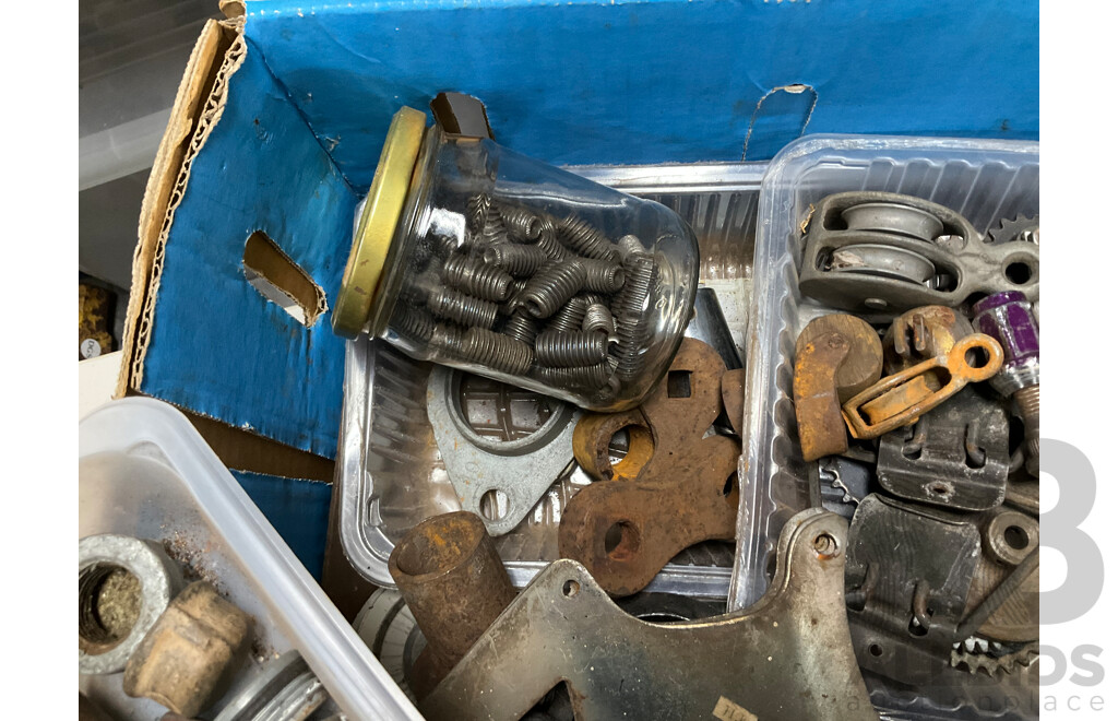 Bulk Lot of Vintage Tools and Fittings Including Swivel Hand Saw, Allan Keys, Drill Bits, Shackles, Stanley Chalk-O-Matic Pulleys, Sprockets, Rivets and More