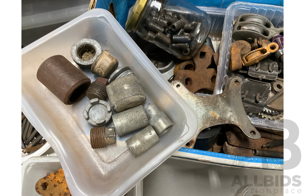 Bulk Lot of Vintage Tools and Fittings Including Swivel Hand Saw, Allan Keys, Drill Bits, Shackles, Stanley Chalk-O-Matic Pulleys, Sprockets, Rivets and More