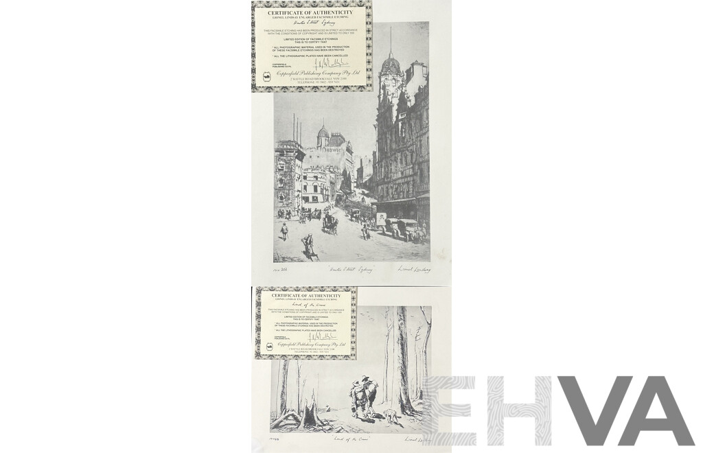 Lionel Lindsay (1874-1961), Hunter Street Sydney; Argyle Cut; St Andrews Tower, Sydney; Land of the Crow, Facsimile Etching (4)