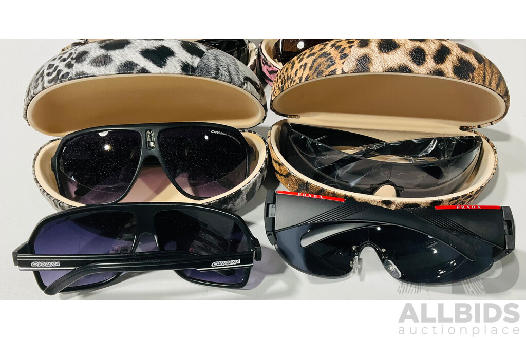Collection of Six Faux Designer Sunglasses in Hard Cases - Prada X 2, Carrera X3 and a Pair of Oakleys