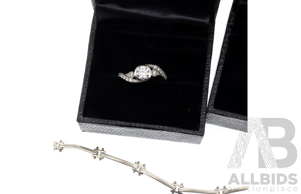 Sterling Silver (2) CZ Set Rings New in Boxes, Both Size J1/2 with Sterling Silver Bracelet, 18cm, 12.42 Grams