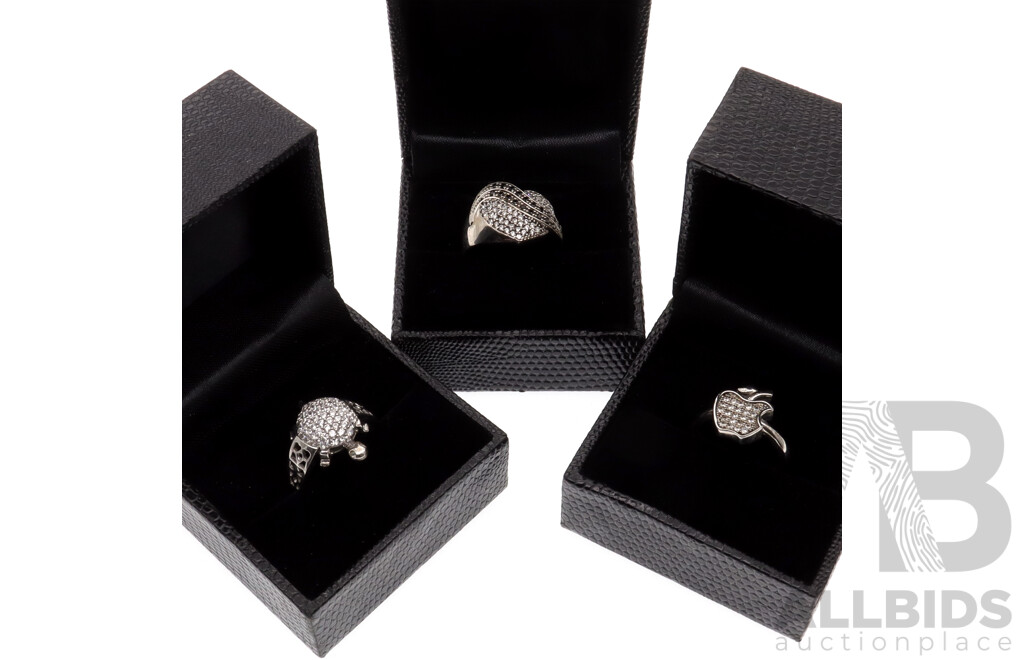 Sterling Silver Cz Rings, New in Boxes, 15.25 Grams, Sizes L, O & Q