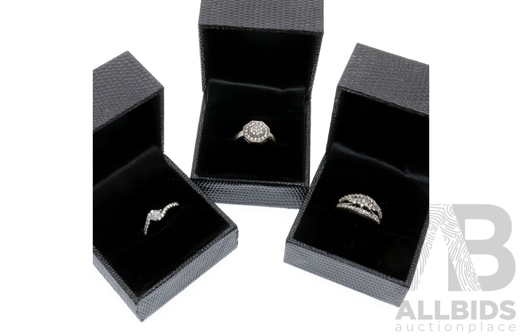 Sterling Silver (3) Cz Stone Set Rings, New in Boxes, 7.58 Grams, Sizes J, M & N