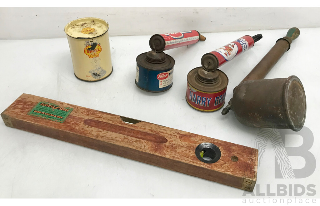 Assorted Vintage Hand Pump Sprayers, Shell Tin Can, and Adjustable Level - Lot of 5