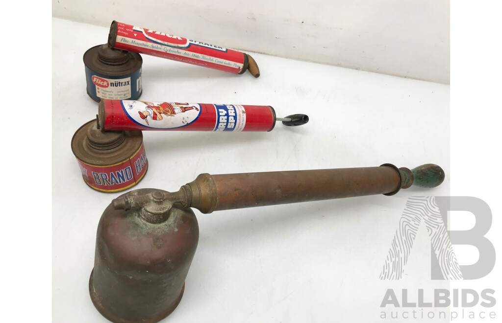 Assorted Vintage Hand Pump Sprayers, Shell Tin Can, and Adjustable Level - Lot of 5