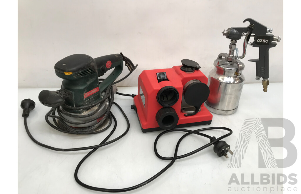 Metabo Orbital Sander, Hafco Drill Sharpener, and Ozito Deluxe Spray Gun - Lot of 3