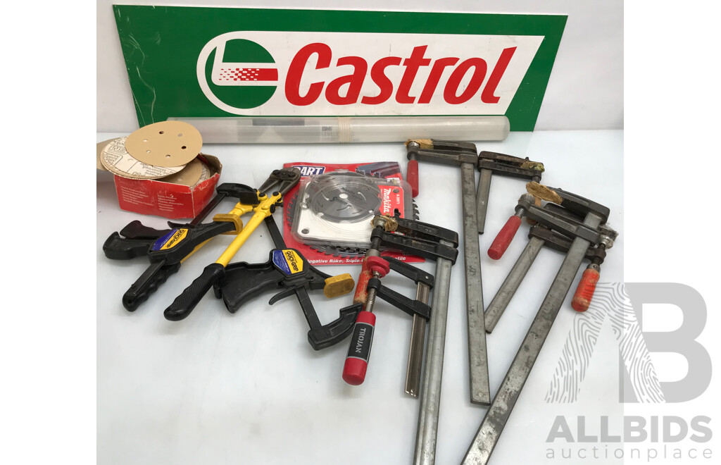 Assorted Tools and Castrol Sign