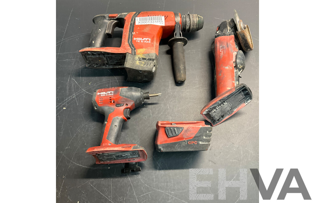 HILTI SID 4-A22 Cordless Impact Driver & TE 6-A22 Cordless Rotary Hammer & AG125-A22 Cordless Angle Grinder & 1x Battery - Lot of 4 - Estimated Total $1,600.00