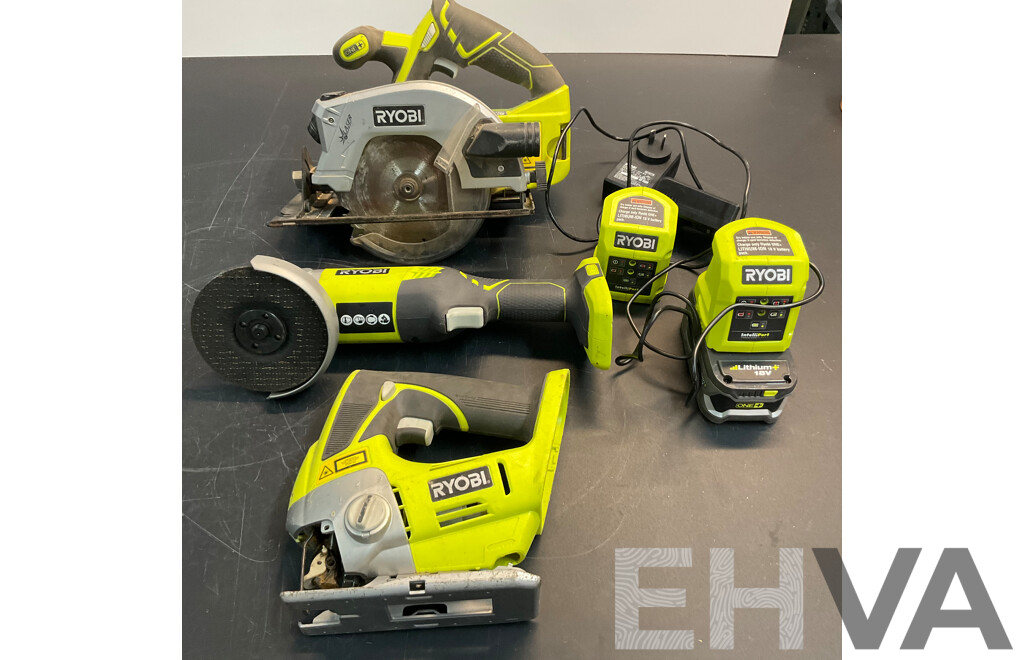 RYOBI CJS180GL Cordless Jigsaw & R18AG4115 Angle Grinder & RWSL1801 Circular Saw & 2x 18V Charger & 1x Battery - Lot of 6
