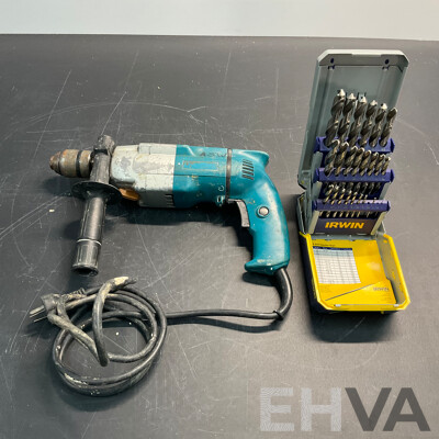 MAKITA HP2033 Corded Hammer Drill & IRWIN Drill Bits Set - Lot of 2