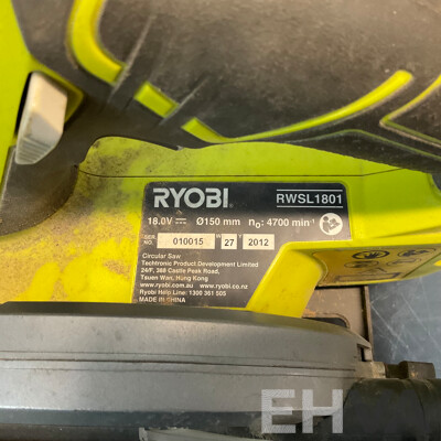 RYOBI CJS180GL Cordless Jigsaw & R18AG4115 Angle Grinder & RWSL1801 Circular Saw & 2x 18V Charger & 1x Battery - Lot of 6