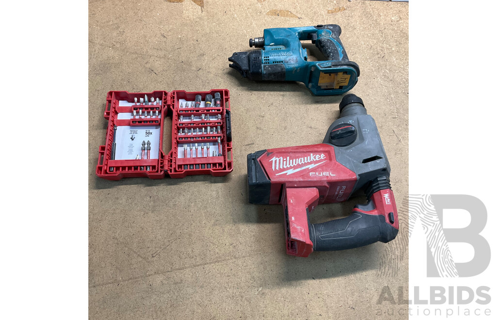 MILWAUKEE M18FH Rotary Hammer & Impact Driver Bit Set & MAKITA DFR450X Screwdriver - Lot of 3