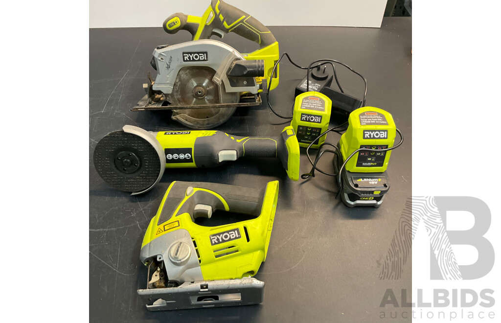 RYOBI CJS180GL Cordless Jigsaw & R18AG4115 Angle Grinder & RWSL1801 Circular Saw & 2x 18V Charger & 1x Battery - Lot of 6