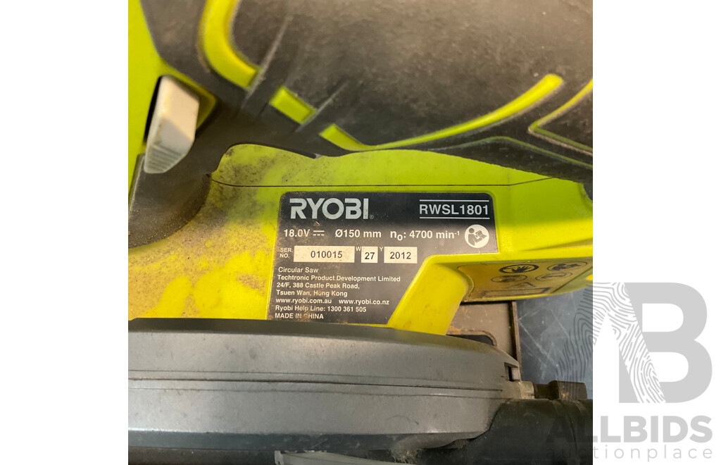 RYOBI CJS180GL Cordless Jigsaw & R18AG4115 Angle Grinder & RWSL1801 Circular Saw & 2x 18V Charger & 1x Battery - Lot of 6
