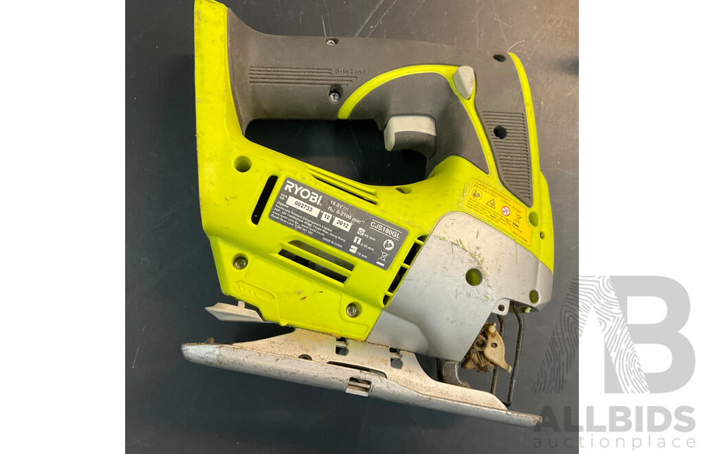 RYOBI CJS180GL Cordless Jigsaw & R18AG4115 Angle Grinder & RWSL1801 Circular Saw & 2x 18V Charger & 1x Battery - Lot of 6