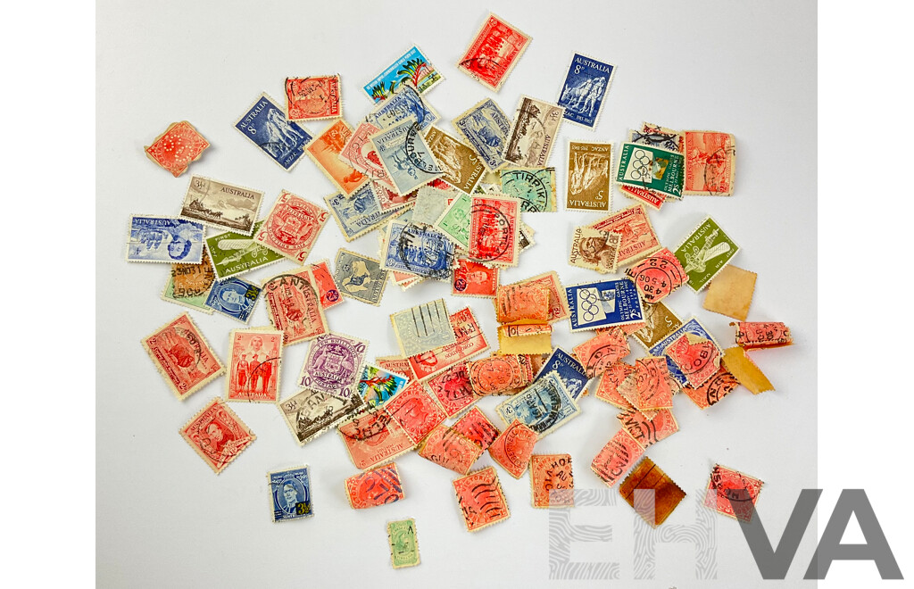 Australian Antique Cancelled Stamps Including QV Victorian Penny and Half Penny with Various Predecimal Stamps Including Melbourne Olympics, Three and Half Penny KGVI, 19th Century Cobb & Co and More