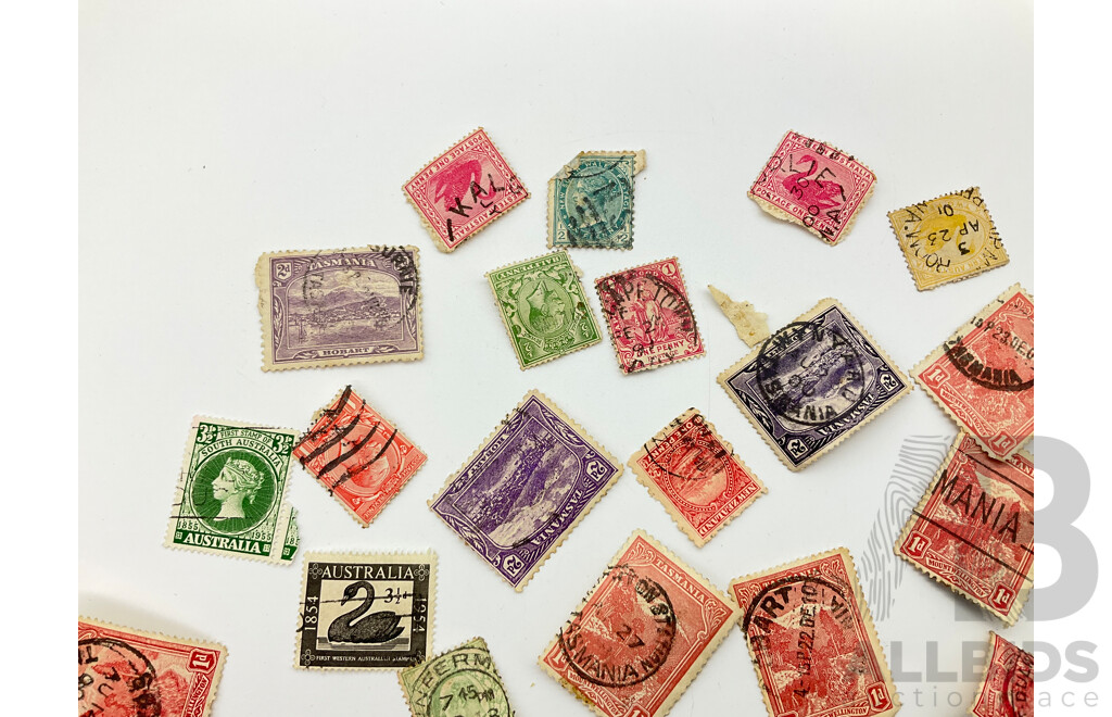 Collection of Australian Pre-Federation and Predecimal Stamps Including Tasmania, New South Wales, Western Australia, Victoria - Various Denominations