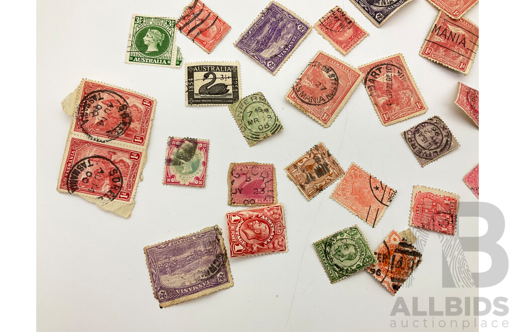 Collection of Australian Pre-Federation and Predecimal Stamps Including Tasmania, New South Wales, Western Australia, Victoria - Various Denominations