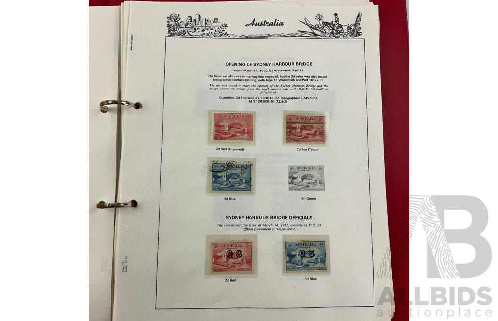 Australian Album of Catalogued Predecimal Stamps, Examples From 1910's - 1965 Including 1932 Blue and Red Harbour Bridge(OS) and More