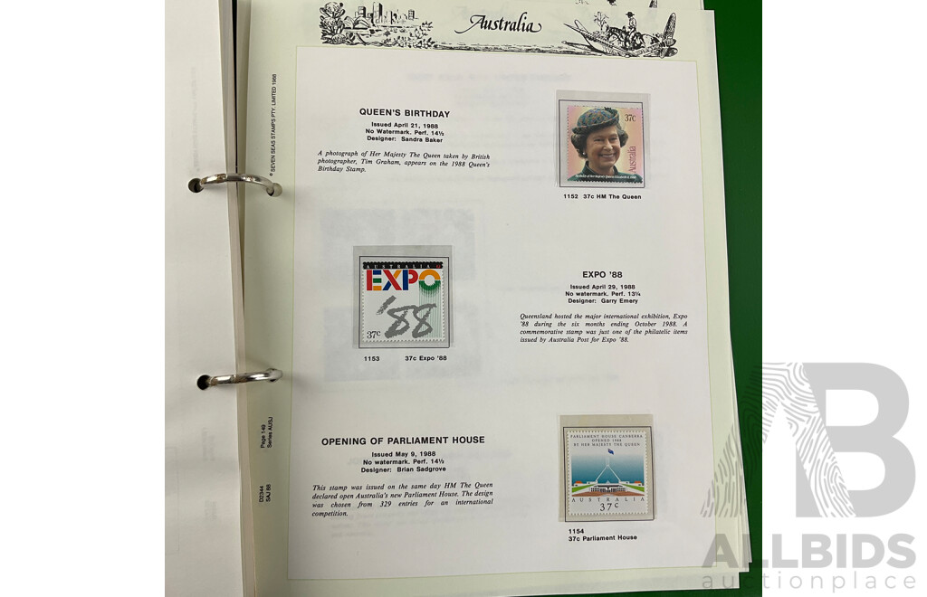 Australian Seven Seas Stamp Albums Including Cancelled Stamps 1966-1979 and Mint Stamps 1980-1988