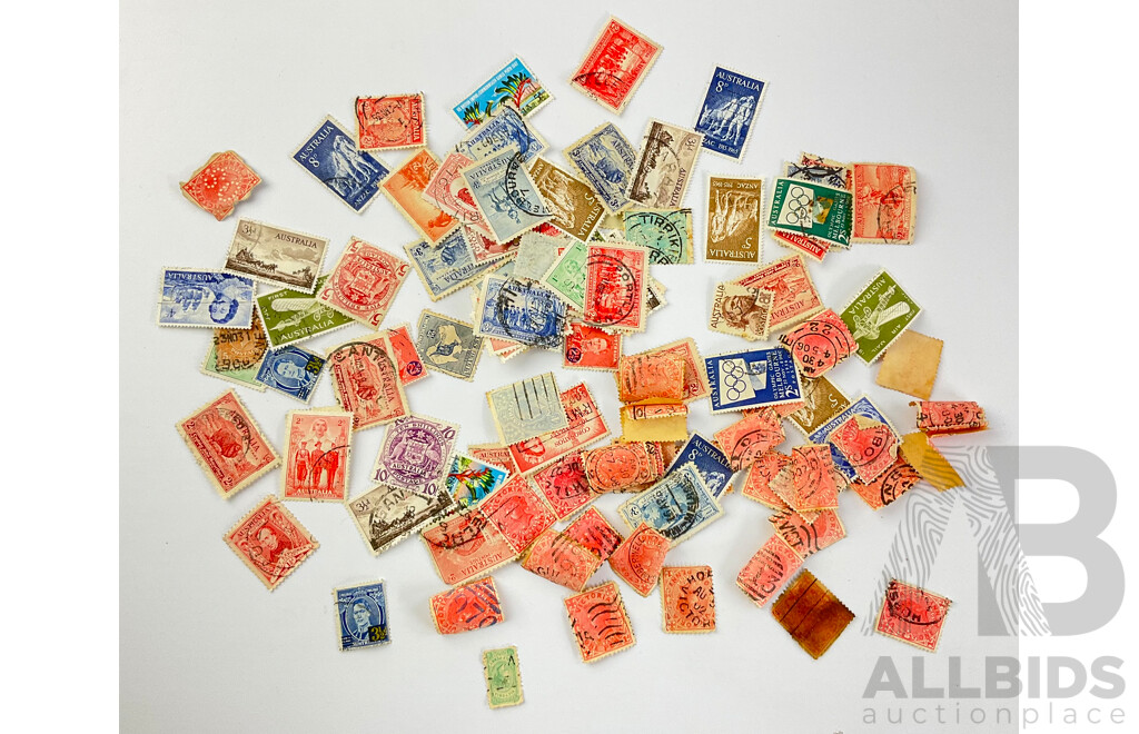 Australian Antique Cancelled Stamps Including QV Victorian Penny and Half Penny with Various Predecimal Stamps Including Melbourne Olympics, Three and Half Penny KGVI, 19th Century Cobb & Co and More