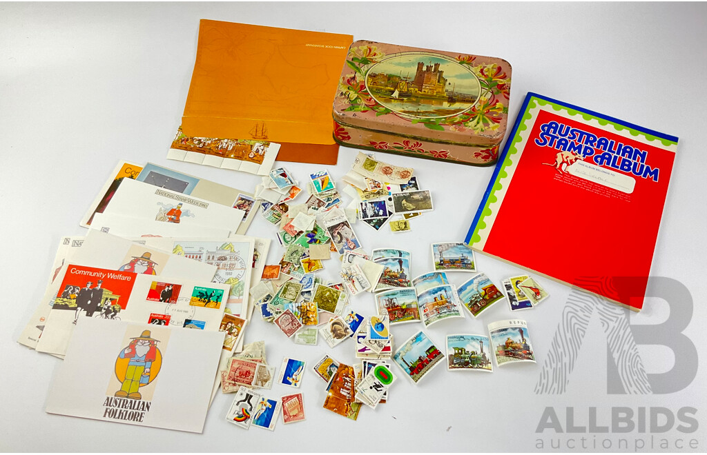 Collection of Australian and International Mint and Cancelled Stamps Including Stamp Packs, Predecimal, FDCs, Mint Paraguay Railway, USA, Portugal, and More