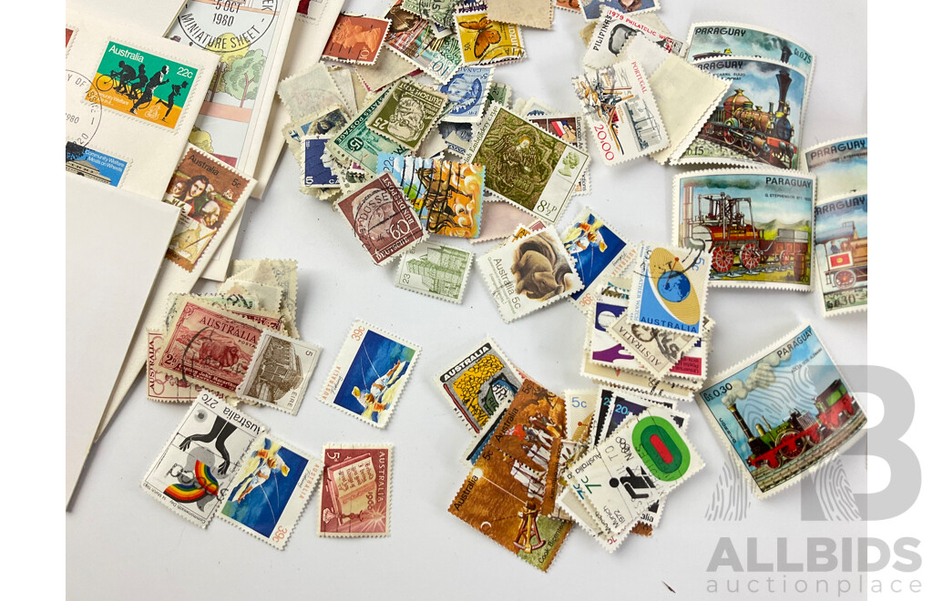 Collection of Australian and International Mint and Cancelled Stamps Including Stamp Packs, Predecimal, FDCs, Mint Paraguay Railway, USA, Portugal, and More