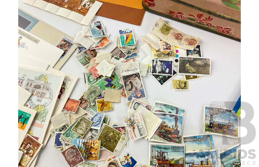 Collection of Australian and International Mint and Cancelled Stamps Including Stamp Packs, Predecimal, FDCs, Mint Paraguay Railway, USA, Portugal, and More