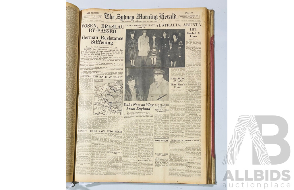 Antique Sydney Morning Herald Newspapers in Binding of Australian WWII War Interest, Jan & Feb 1945