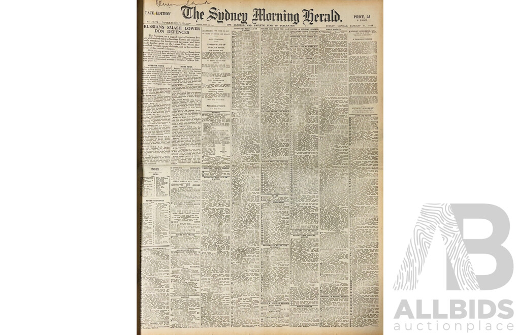 Two Vintage Bound Sydney Morning Herald Newspapers of Australian WWII Interest Comprising Nov Dec 1942 & Jan Feb 1943