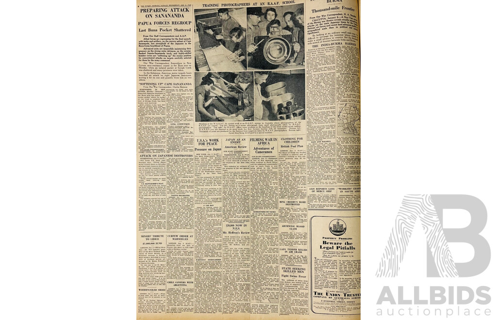 Two Vintage Bound Sydney Morning Herald Newspapers of Australian WWII Interest Comprising Nov Dec 1942 & Jan Feb 1943