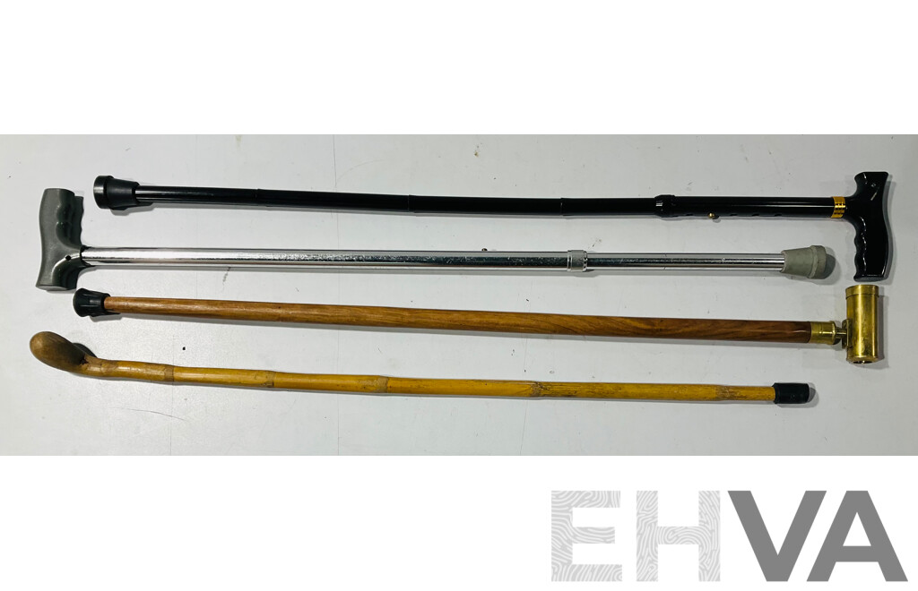 Collection of Canes Including Interesting Example with Brass Pipe Handle and More