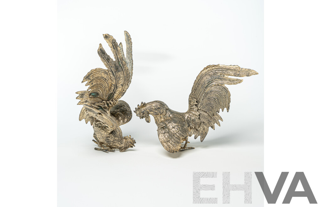Pair Vintage White Metal Asian Fighting Cocks Statues