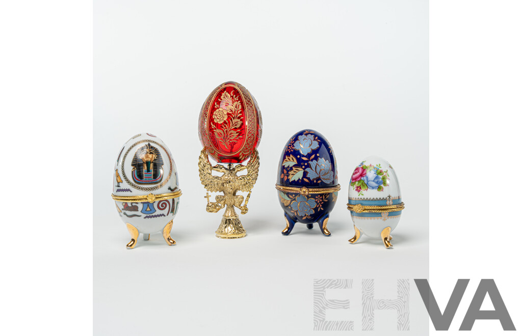 Collection Four Lidded Ceramic Eggs and Ruby Crystal with Etched Floral Detail Example Labeled Faberge to Base on Brass Stand