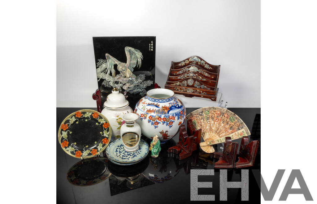 Collection Asian Items Including Antique Two Swatow Ware Porcelain Plates, Japanese Chokin Ware Vase with Gold Decoration and More