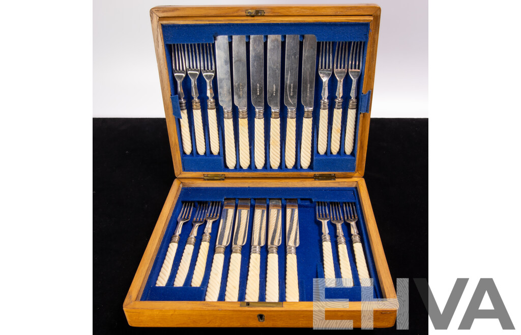 Antique 23 Piece Flatwear Set with Ivory Twist Handles in Two Level Wooden Case