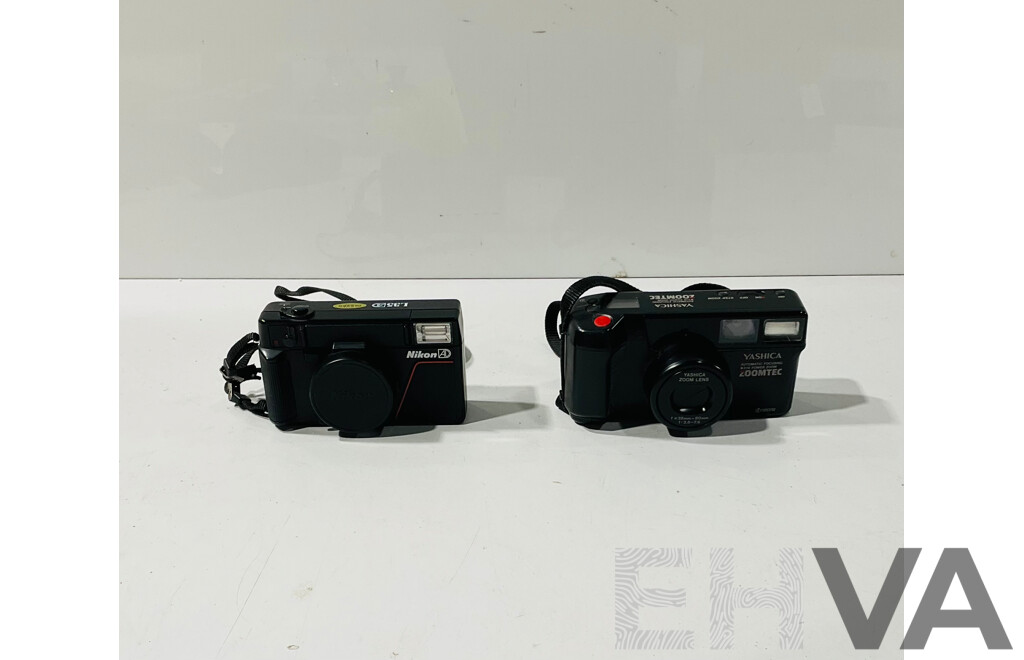 Retro Yashica Zoomtec Auto FOcus Power Zoom Camera in Case Along with Nikon L35AD Camera