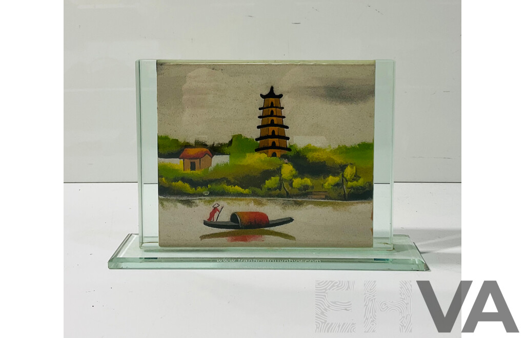 Vietnamese Sand Painting Depicting River Scene and Temple on Reverse Side (artist Unknown)