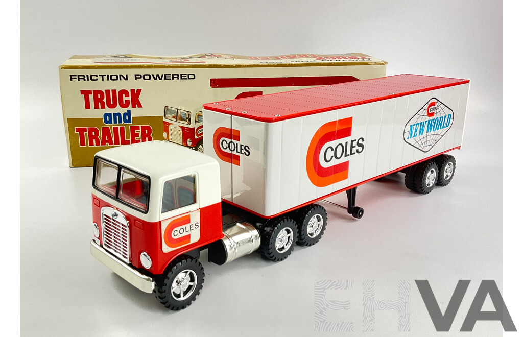Vintage Taiyo Friction Powered Toy Coles Truck and Trailer with Original Box, Made in Japan