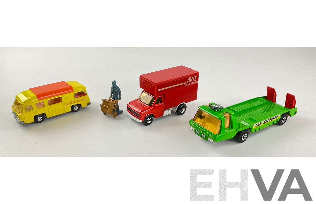 Three Vintage Matchbox Super Kings Including K27 Camping Cruiser, K13-2 Transporter and Ford ‘A’ Series with Delivery Figure
