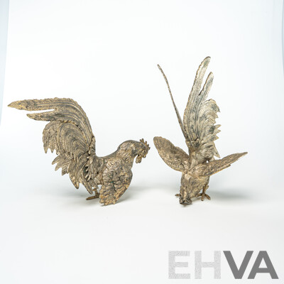 Pair Vintage White Metal Asian Fighting Cocks Statues