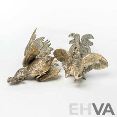 Pair Vintage White Metal Asian Fighting Cocks Statues