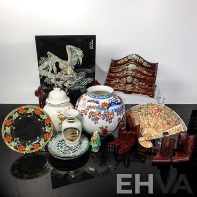 Collection Asian Items Including Antique Two Swatow Ware Porcelain Plates, Japanese Chokin Ware Vase with Gold Decoration and More