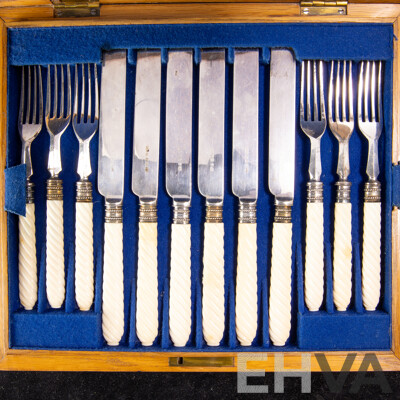 Antique 23 Piece Flatwear Set with Ivory Twist Handles in Two Level Wooden Case