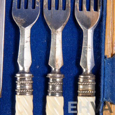 Antique 23 Piece Flatwear Set with Ivory Twist Handles in Two Level Wooden Case