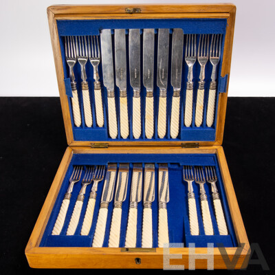 Antique 23 Piece Flatwear Set with Ivory Twist Handles in Two Level Wooden Case