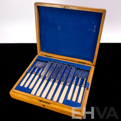 Antique 23 Piece Flatwear Set with Ivory Twist Handles in Two Level Wooden Case