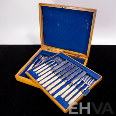 Antique 23 Piece Flatwear Set with Ivory Twist Handles in Two Level Wooden Case