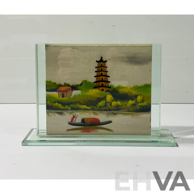 Vietnamese Sand Painting Depicting River Scene and Temple on Reverse Side (artist Unknown)
